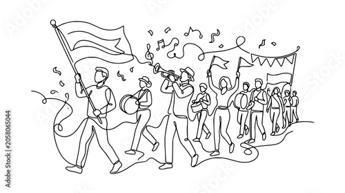 Fotografie People marching in a parade with flags and musical instruments, single line draw