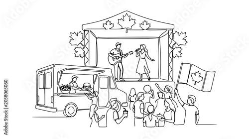 Fotografía Outdoor Concert Celebration: Music Duo, Food Truck, Crowd, Canadian Flag, Maple