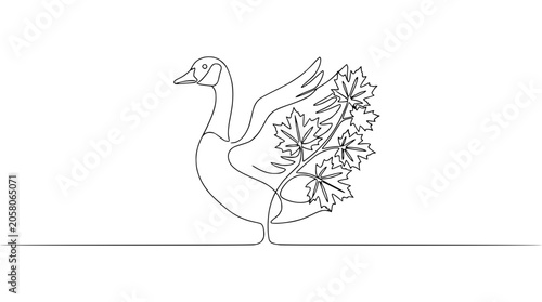 Foto Single Line Drawing Goose with Maple Leaves