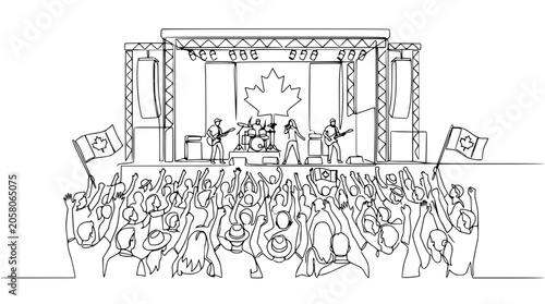 Fotografía Live band performing on stage with Canadian flag backdrop, cheering crowd below