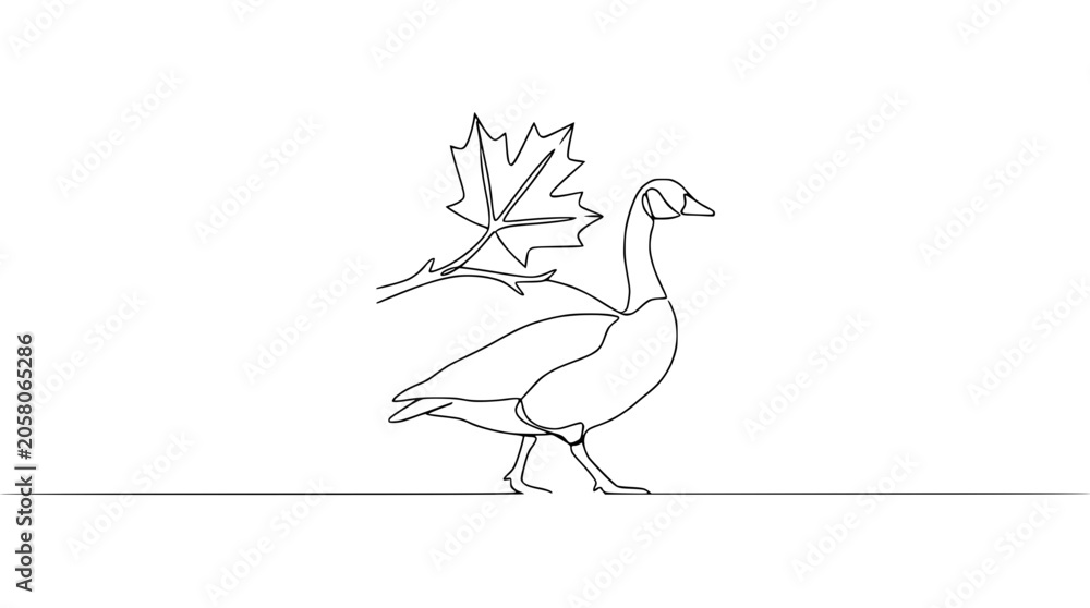 Fototapeta premium Continuous Line Drawing: Goose Walking Beside Maple Leaf Branch, Minimalist Nature Art
