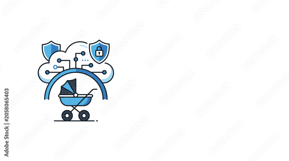 Fototapeta premium A stylized icon depicting a baby stroller protected by a digital cloud and security shields.