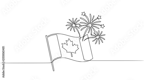 Quadro su tela Continuous line drawing of Canadian flag with fireworks, celebrating Canada Day, simple sketch