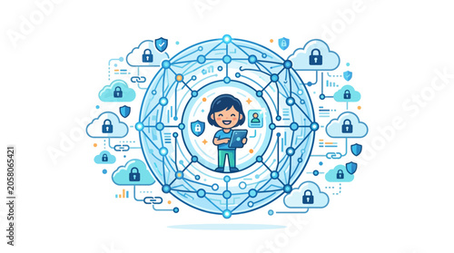 Photos A cartoon character standing inside a digital network sphere surrounded by security icons