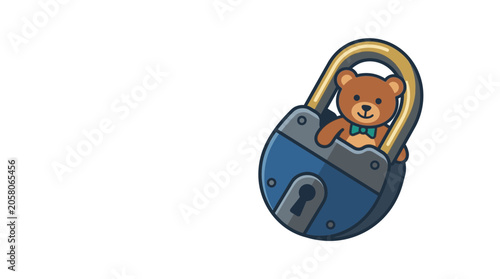 Fotografie A cute brown teddy bear sitting inside a blue metal padlock.
