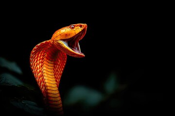 Fierce Orange Cobra Snake Striking with Open Mouth and Visible Fangs Captured in Dramatic Detail