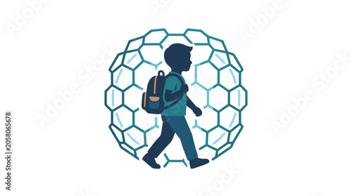Bild auf Leinwand A young student walking with a backpack inside a protective digital shield