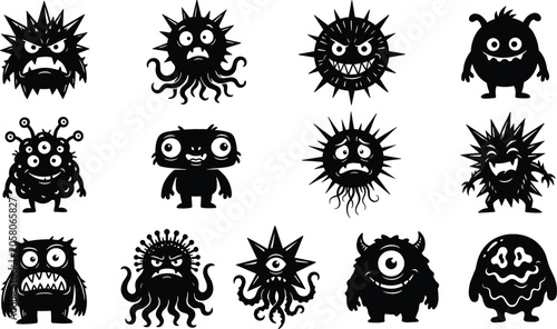 Foto Cute Little Monster and Microbe Silhouette Vector Set with Funny Alien and Spook
