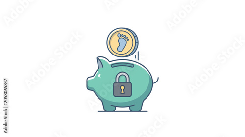 Tableau sur toile A teal piggy bank with a secure padlock and a baby footprint coin