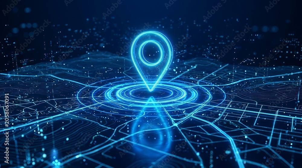 Fototapeta premium Futuristic digital map pointer glowing on a cyber network grid representing smart city navigation and advanced GPS tracking