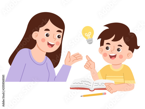 Boy and Woman Discussing Idea with Lightbulb