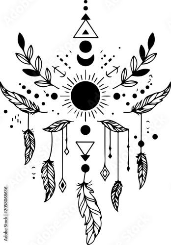 Boho dreamcatcher, celestial vector, moon phases, bohemian illustration, black and white