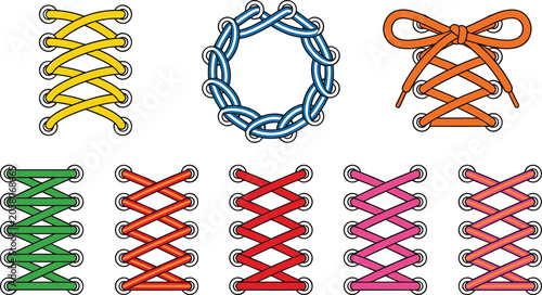 Fotografie Colorful Shoelace Lacing Styles Vector Set Featuring Sneaker Shoe Strings and Bo
