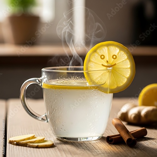 Yellow rubber duck in clear glass of milk on wooden table.