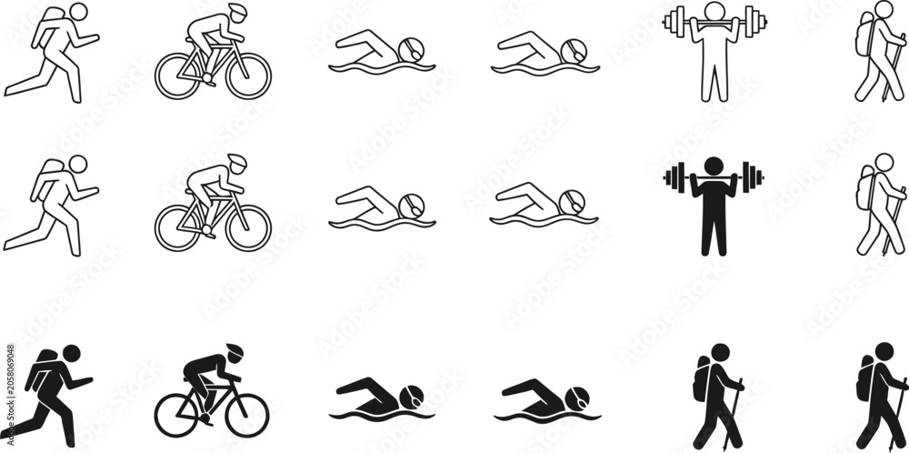 Naklejka premium Triathlon icons with people running cycling swimming