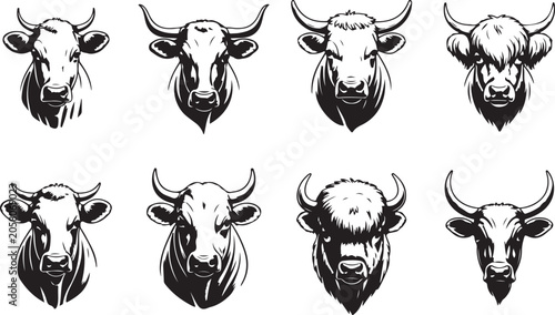 Принти на полотні Black and white bull heads illustration set