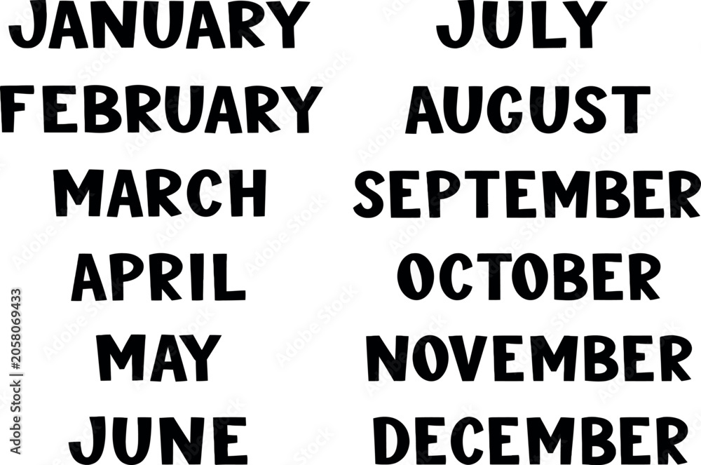 Obraz premium Bold Handwritten Vector Months of the Year Typography Set for Yearly Calendars Planners Journals Including January February March April May June July August September October November December
