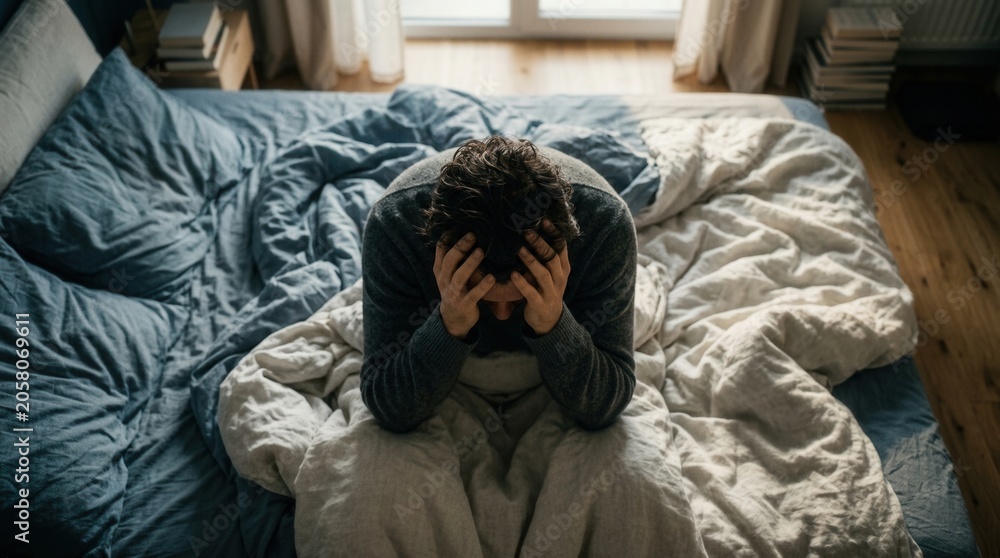 Fototapeta premium Man Sitting In Bed Holding His Head In Despair