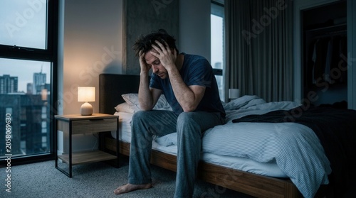 Man Sitting On Bed Frustrated And Troubled In Bedroom