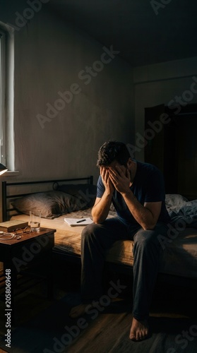 Man Sitting On Bed Hiding Face In Hands In Dark Room