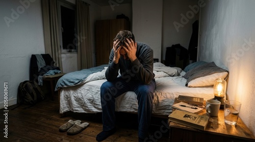 Man Sitting On Bed In Dark Room Experiencing Distress