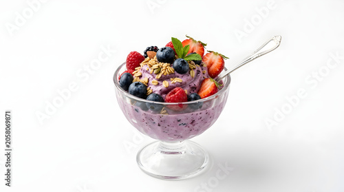 Blueberry Frozen Yogurt Cup Topped with Fresh Berries Isolated on White Background