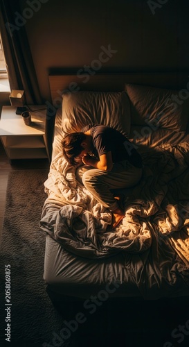 Man Sleeping In A Bed With Dramatic Sunlight And Shadows Creating A Moody Atmosphere