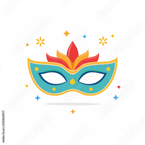 Colorful carnival mask with feathers and confetti