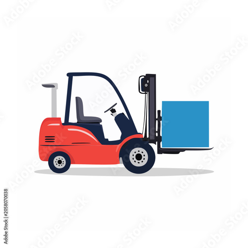 Red forklift truck with blue cargo in flat design