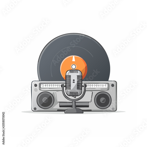 Retro Boombox and Vinyl Record Flat Illustration