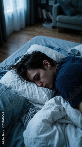 Man Sleeping Peacefully On A Messy Bed Over One Third Of The Bed Frame Is Visible