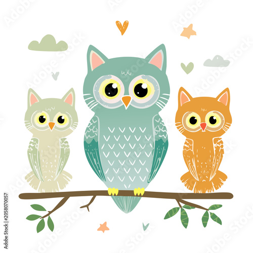 Three Cute Cartoon Owls on a Branch