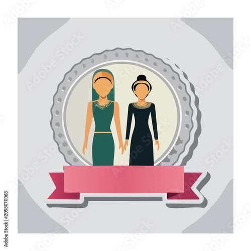 Two women in formal dresses inside a decorative badge