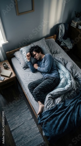 Man Sleeping Peacefully Under Cozy Duvet in Dimly Lit Bedroom Morning Tranquility