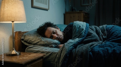 Man Sleeping Soundly In Bed At Night With Warm Lamp Light