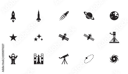 Canvastavla Minimalist space icons depicting stars planetary orbits astronomical tools and satellites