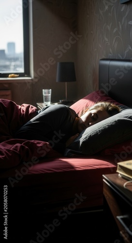 Man Sleeping Soundly In Bed Bathed In Morning Sunlight