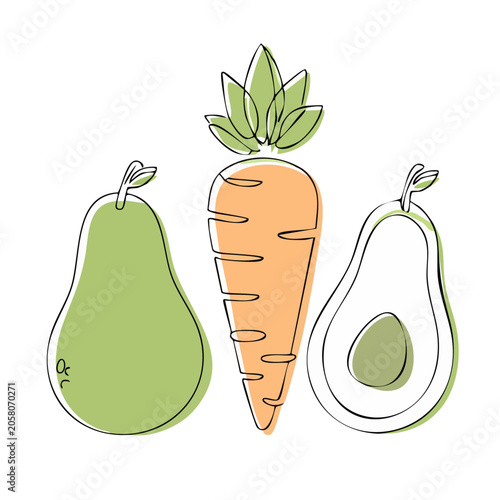 Flat Design Illustration of Carrot and Avocados with Pear