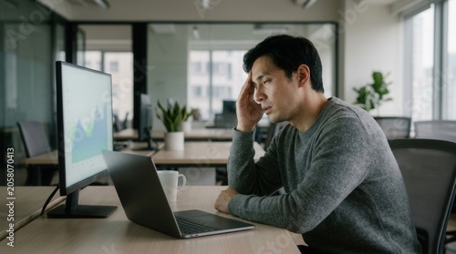 Man Stressed By Financial Data On Computer Screen In Modern Office Setting