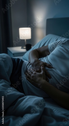 Man Suffering From Abdominal Pain In Bed At Night