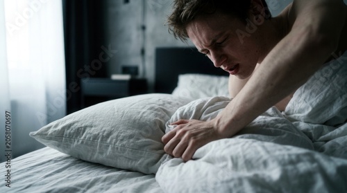 Man Suffering In Bed Morning Discomfort And Pain