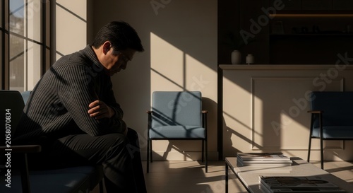 Man Waiting Alone In Sunlight Streaked Room