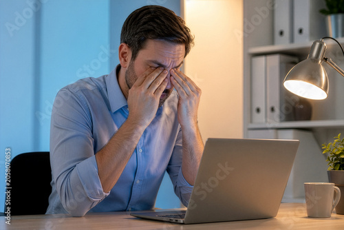 Tired man rubbing his eyes while working late on a laptop. Exhausted professional feeling stress and eye strain in the office. Overworked employee burn out and lack of sleep concept.