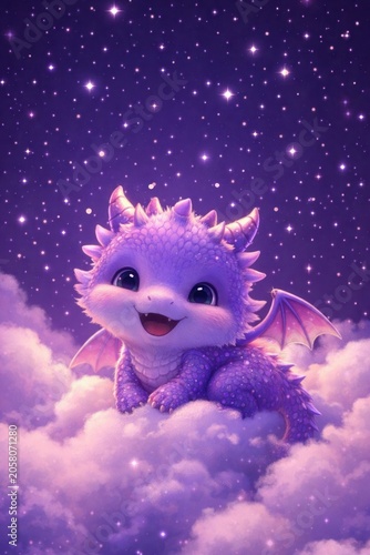 Adorable dragon in dreamy clouds.