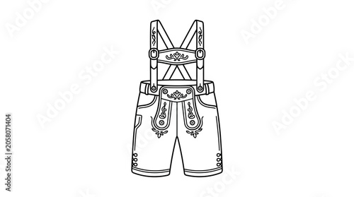 фотографія A detailed black and white line art illustration of traditional Bavarian lederhosen shorts