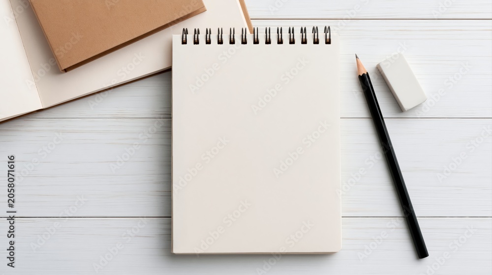 Fototapeta premium Notebook with spiral blank paper and pencil eraser on a white wooden desk surface