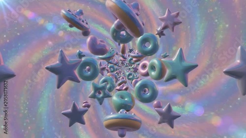 Floating 3D pastel shapes and donuts in space.