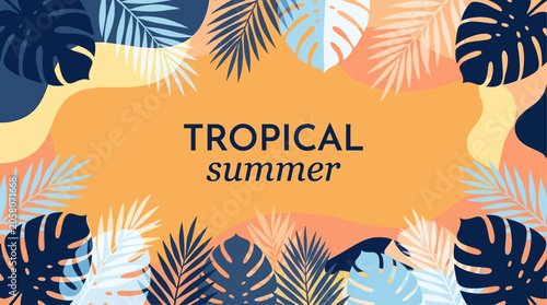Summer background with tropical leaves and plants in orange, yellow and deep blue colors. Modern minimalist style. Design template for sale, horizontal poster, header, cover, social media, fashion ads