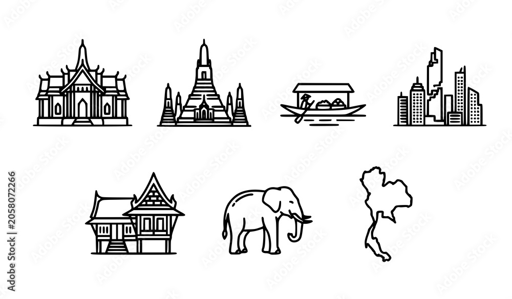 Fototapeta premium Thailand landmark icons collection editable stroke vector illustration set isolated on white background
