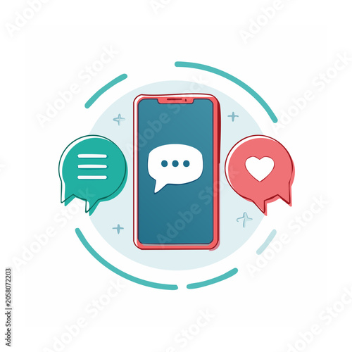 Smartphone with chat and social media icons illustration